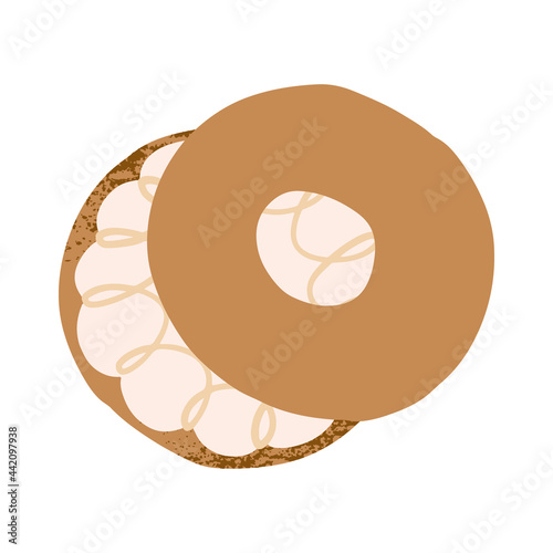 Fresh bagel sandwich with cream cheese. Delicious bakery baking and cafe breakfast element doodle icon vector illustration