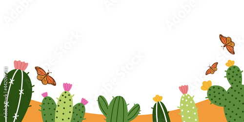 Bright vector banner with hand drawn cartoon cactuses, flowers and butterflies. Migration of Monarch butterflies in the Mexican Biosphere Reserve