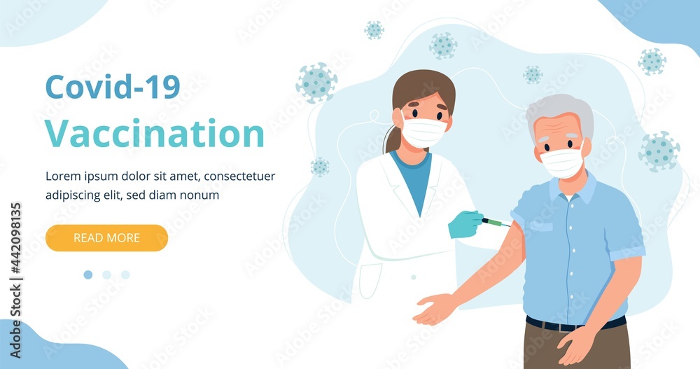 Vaccination for the elderly, senior man and a doctor with a syringe. Banner webpage template vector illustration in flat cartoon style Vaccination for the elderly, senior man and a doctor with a syringe. Banner webpage template vector illustration in flat cartoon style
