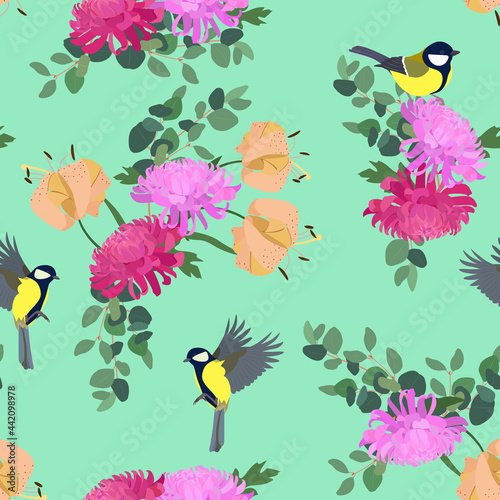 Seamless background with Japanese chrysanthemums  lily and titmouse on a turquoise background.