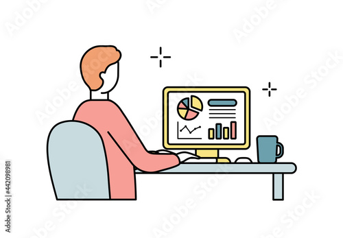 デスクワーク中の男性のイラスト　仕事　デスク　人物　パソコン　ビジネス　働く　シンプル　座る