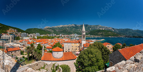 BUDVA, MONTENEGRO - 9 AUGUST, 2019: Panoramic view on the old town of Budva, Montenegro
