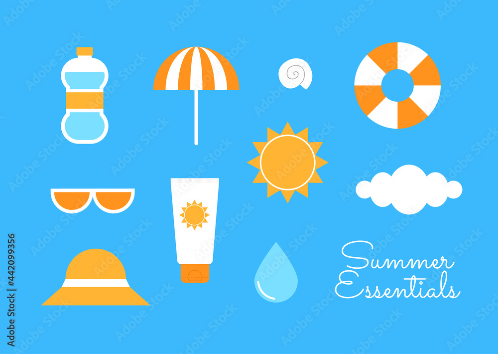 Summer Beach Travel Essential Stuff Safe Sunbathing Icon Set Collection Sunscreen Sunglasses Umbrella Sun Hat And Other Things For Summer Beach Vacation Bright Colorful Flat Vector Illustration Stock Vector Adobe Stock