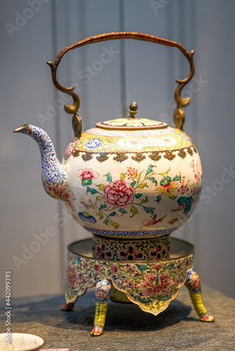 Photography Close-up of a painted kettle teapot in Lingnan style, Guangdong, China