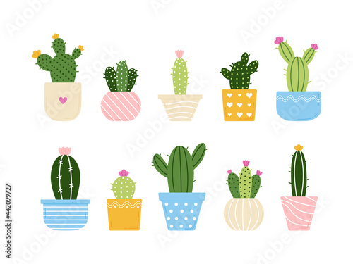 Set of cute tropical vector cacti in colorful pots. Exotic indoor houseplants - blooming green succulents in cartoon style in a collection of bright funny stickers
