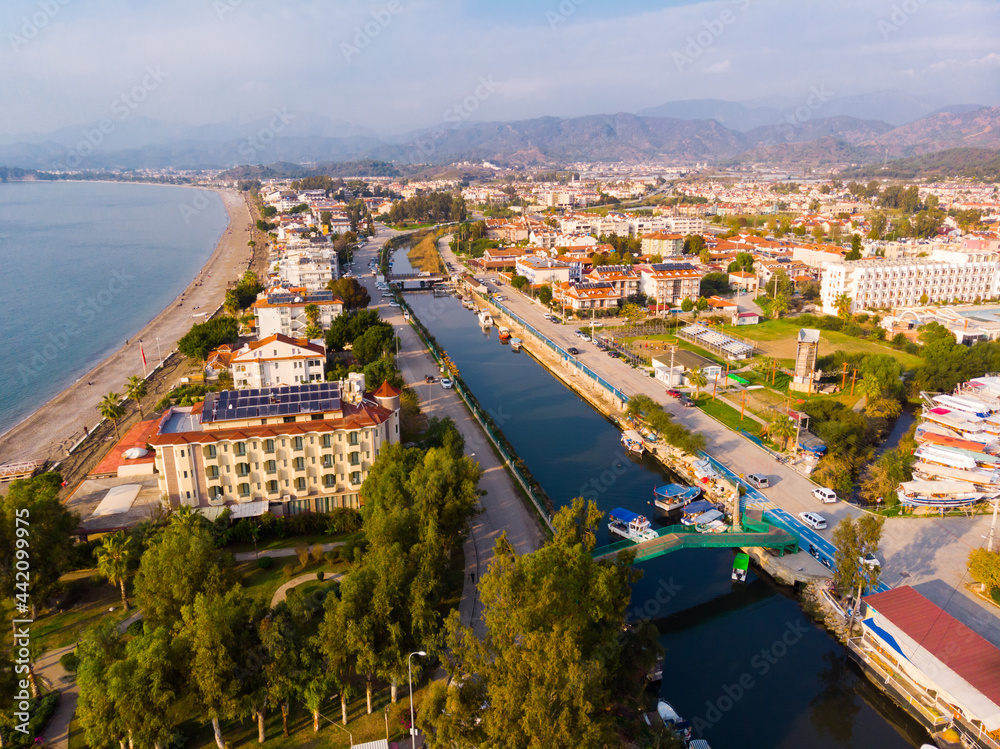 Picturesque aerial view of coastal area of Fethiye city, prominent tourist destination in Turkish Riviera