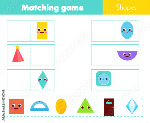 Educational children game. Matching game worksheet for kids. Match by shape. Learning geometric forms