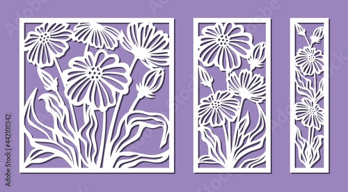Set of decorative panels with a floral pattern. Square, rectangular frames with chamomile flowers, poppies. Vector template for plotter laser cutting of paper, metal engraving, wood carving, plywood.