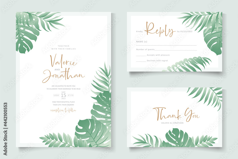 Fototapeta Summer wedding card design with tropical leaf ornament