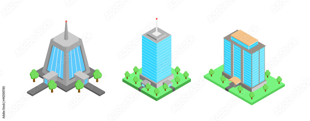 Isometric building apartment set, office or business center. Vector architecture collection.