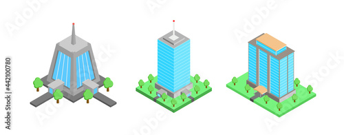 Isometric building apartment set  office or business center. Vector architecture collection.