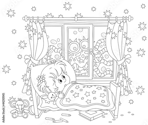 Little girl having a terrible nightmare in her dream with a creepy creature crawling at dark night outside a window of a nursery room, black and white outline vector cartoon illustration