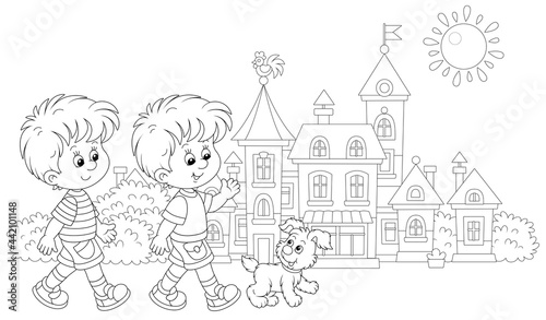 Happy little boys friendly smiling, talking and walking with their merry pup along a pretty street of a small town on a sunny summer day, black and white outline vector cartoon illustration