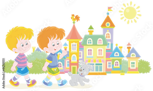 Happy little boys friendly smiling, talking and walking with their merry pup along a pretty street of a small colorful town on a sunny summer day, vector cartoon illustration isolated on white