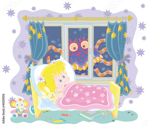 Little girl having a terrible nightmare in her dream with a creepy creature crawling at dark night outside a window of a nursery room, vector cartoon illustration isolated on a white background
