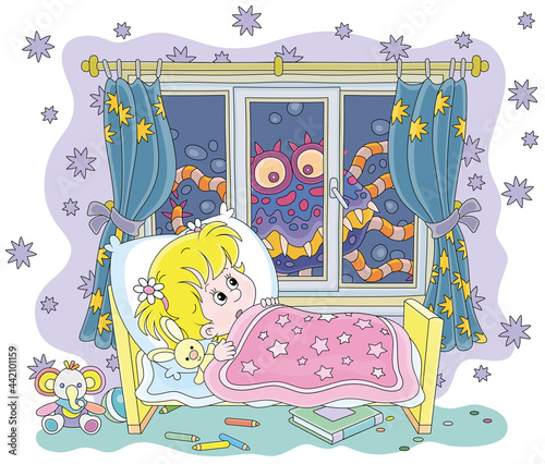 Little girl having a terrible nightmare in her dream with a creepy creature crawling at dark night outside a window of a nursery room, vector cartoon illustration isolated on a white background