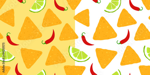 Set of backgrounds with nacho, slice of lime and chili on yellow and white background. Seamless pattern for textile, cover, banner or packaging for the holiday. Vector, illustration