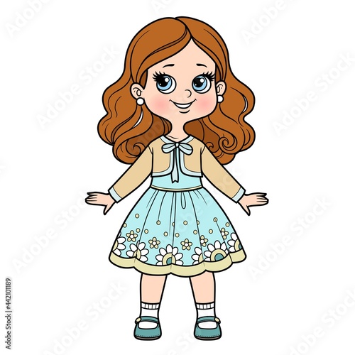 Cute cartoon girl elegant dress with ornament and bolero color variation for coloring page isolated on white background