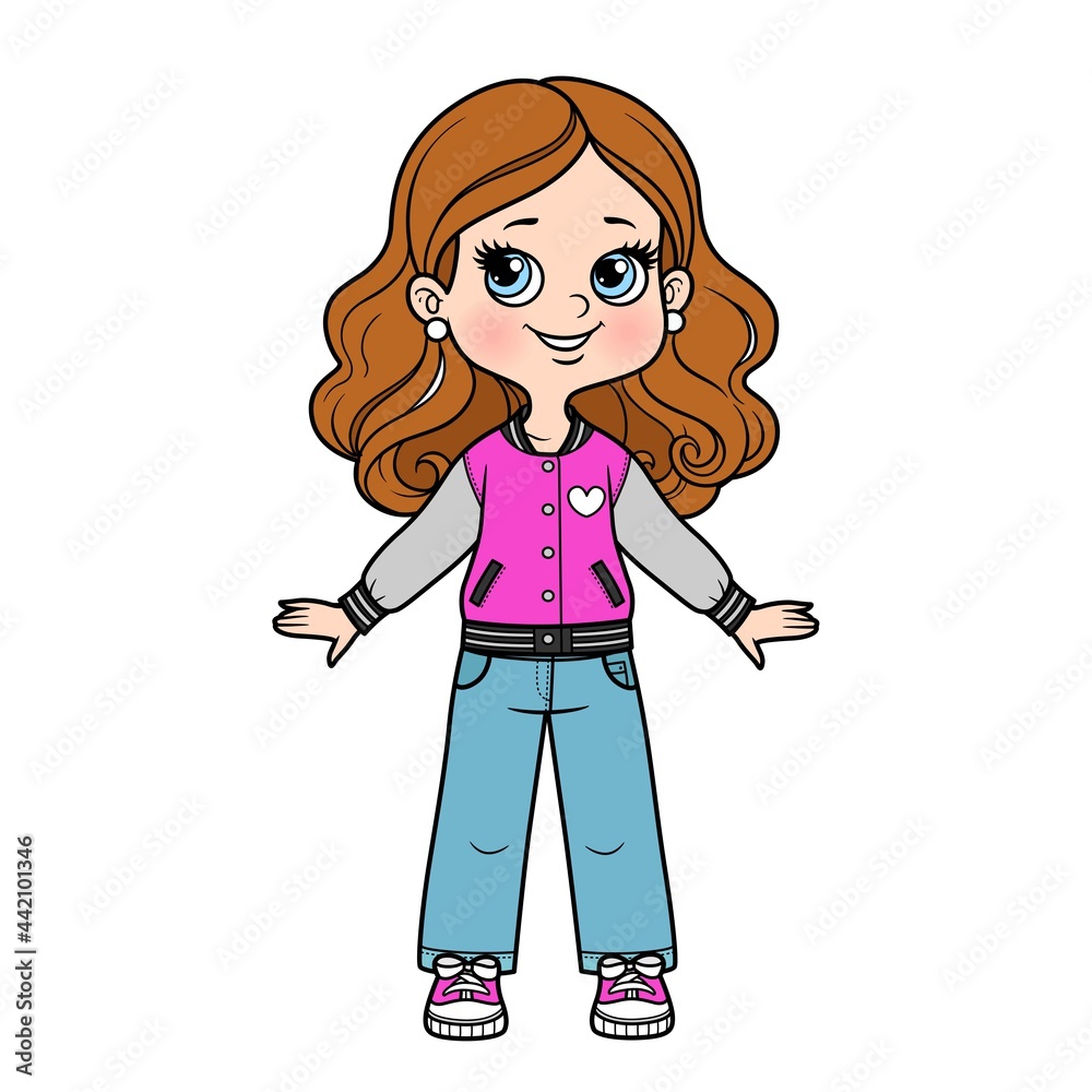 Cute cartoon girl in denim leans, college jacket and sneakers color variation for coloring page on white background Cute cartoon girl in denim leans, college jacket and sneakers color variation for coloring page on white background