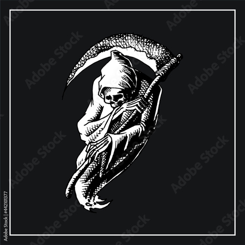 oldstyle grimreaper lineart illustration logo mascot