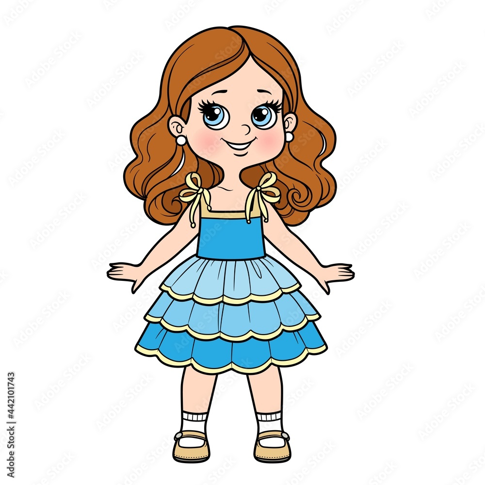 Cute cartoon girl in summer sundress with ties color variation for coloring page on a white background Cute cartoon girl in summer sundress with ties color variation for coloring page on a white background