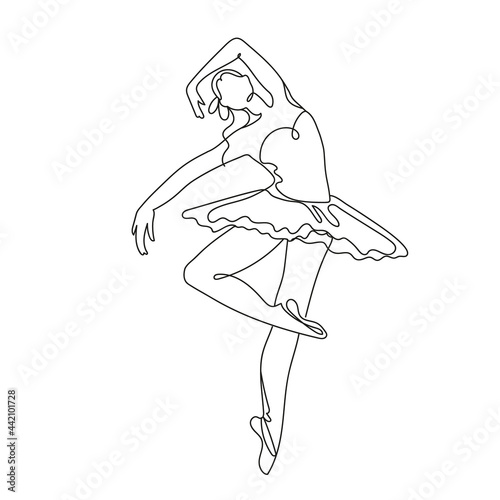 A ballerina in the style of linear art. Elegant minimalistic silhouette of a ballerina in a tutu in one line. Clipart on a white background for your design.