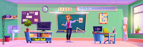 Educator standing by chalkboard explaining material of lesson. Education and obtaining knowledge in elementary school. ABC and maths classes in modern room. Cartoon character, vector in flat style