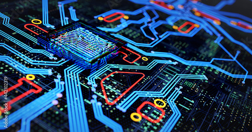 Futuristic Electronic Circuit Board. Technology Concept. 3D illustration
