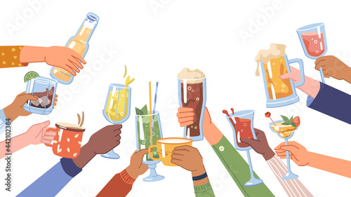 Celebration and festivity, isolated hands holding beverages and drinks in cups and glasses. Alcohol and coffee, tea in mug. Cheers poster or banner with copy space for text. Flat cartoon vector