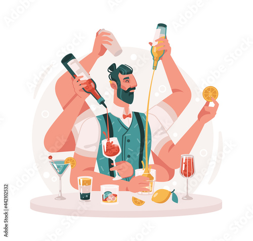 Virtuoso bartender making cocktails and mixing drinks. Isolated skillful barman with bottles of alcohol, glasses and orange fruits. Serving orders in bar or pub. Flat cartoon character vector photo