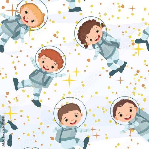 Children astronauts in spacesuits. Kid. Cosmos background. Seamless pattern. Childrens illustration. Starry sky landscape. Flat style. Cartoon design. Vector