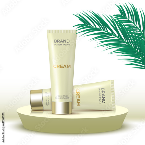 Two tube of cream on round podium. Cosmetic products display platform with palm leaves. 3d render pedestal. Vector illustration.