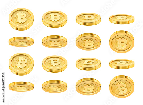 Cryptocurrency in cyberspace, isolated bitcoin realistic icon in different positions, front, side and back. 3d style of golden coins. Blockchain and investment financial assets and transactions vector