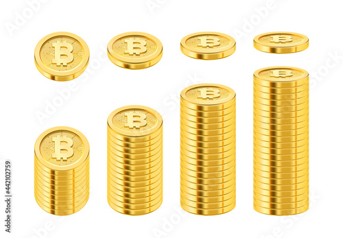 Stack of bitcoin cryptocurrency, isolated pile of golden coins used for payment and investment. Growth of income, mining and financial increase. Realistic assets in 3d style vector illustration
