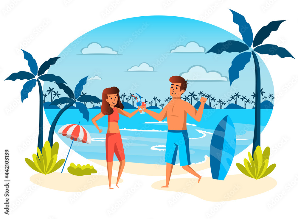 Summer vacation isolated scene. Man and woman resting at seaside resort, recreation at tropical island. Couple drinking cocktails and sunbathing on beach. Vector illustration in flat cartoon design