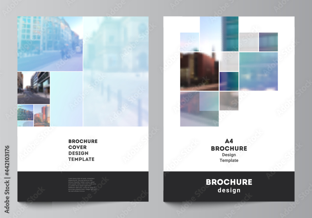 Vector layout of A4 format cover mockups templates for brochure, flyer layout, booklet, cover design, book design, brochure cover. Abstract design project in geometric style with blue squares. Vector layout of A4 format cover mockups templates for brochure, flyer layout, booklet, cover design, book design, brochure cover. Abstract design project in geometric style with blue squares.