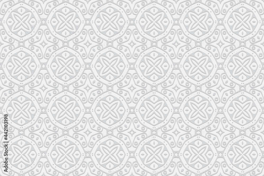 3d volumetric convex embossed geometric white background. Decorative pattern with ethnic ornament in the style of handmade Islam, Arabic, Indian, Turkish, Pakistani, Chinese, ottoman motives. 3d volumetric convex embossed geometric white background. Decorative pattern with ethnic ornament in the style of handmade Islam, Arabic, Indian, Turkish, Pakistani, Chinese, ottoman motives.