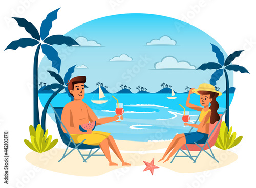 Summer vacation isolated scene. Couple drinking cocktails  eating watermelon and sunbathing at loungers on beach. Man and woman resting at seaside resort. Vector illustration in flat cartoon design