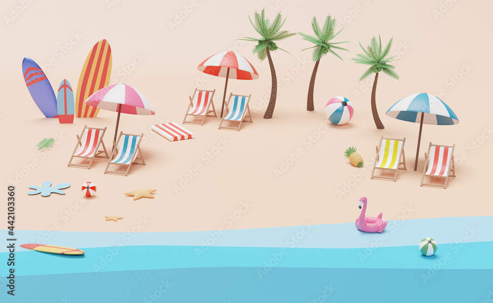 summer beach top view with beach chair, ball ,Inflatable flamingo ,umbrella,coconut tree, starfish, rubber raft ,surfboard ,landscape background concept ,3d illustration or 3d render