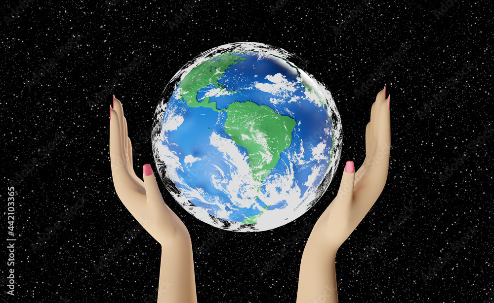 woman hands holding planet world with space background. 3d illustration or 3d render woman hands holding planet world with space background. 3d illustration or 3d render