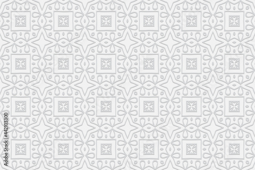 3d volumetric convex embossed geometric white background. Ethnic trendy pattern with handmade ornament in Islam  Arabic  Indian  Turkish  Pakistani  Chinese  ottoman motives.