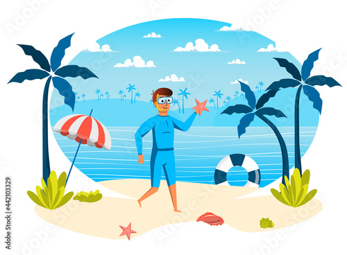Summer vacation isolated scene. Man in mask going to diving at ocean, holding starfish. Guy resting on beach at seaside resort, recreation tropical island. Vector illustration in flat cartoon design