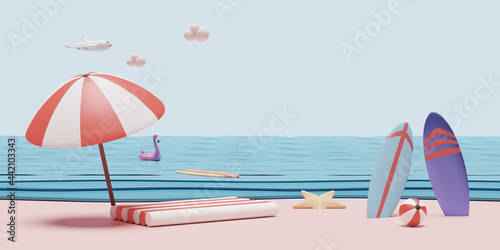 summer sea beach and sky with umbrella,beach ball,Inflatable flamingo,rubber raft ,surfboard starfish, plane, cloud landscape background concept ,3d illustration or 3d render