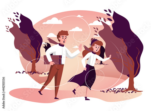Man and woman running in storm windy weather in autumn park isolated scene. Couple hurries home in strong wind. Autumn landscape and seasonal activities. Vector illustration in flat cartoon design