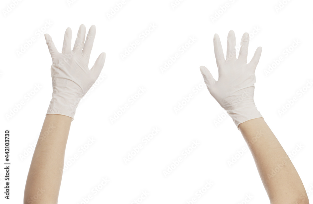 Obraz premium white medical gloves isolated on white background. Gestures.
