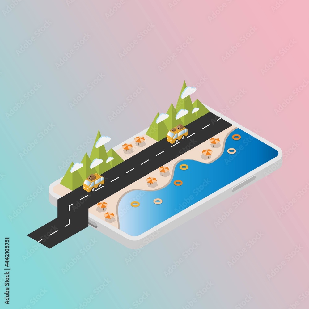 Obraz premium Travel and booking concept. Isometric of beach and sea with car and travel bag on mobile or smartphone and blue and pink background. Booking online, summer, and holiday with technology.