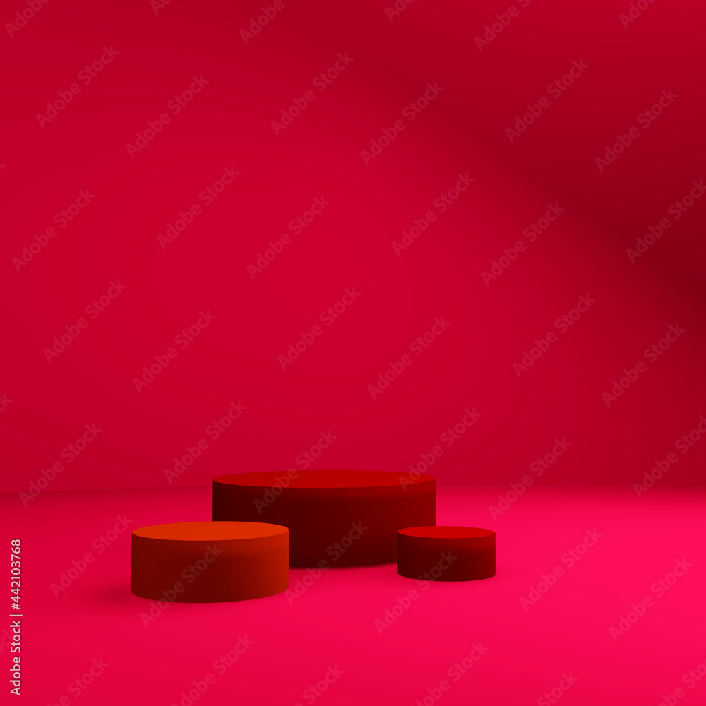 3 D Render scene. Fashion podium on abstract red background