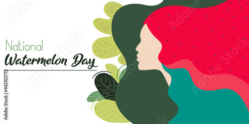 Postcard for National Watermelon Day with a girl in profile. Vector illustration with watermelon hair. Poster with hand-drawn leaves. Delicious ripe watermelon with seeds.