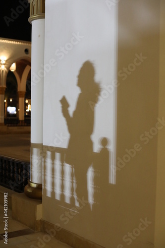 woman looking at the mirror. silhouette of a person on the wall at night