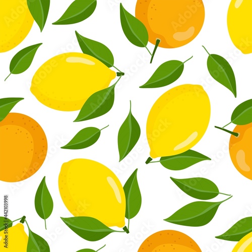 Seamless pattern with lemon and orange. Flat vector summer citrus digital paper. Fruit and leaves Illustration. Food repeat background for textile, fabric, wrapping paper, wallpaper, scrapbooking